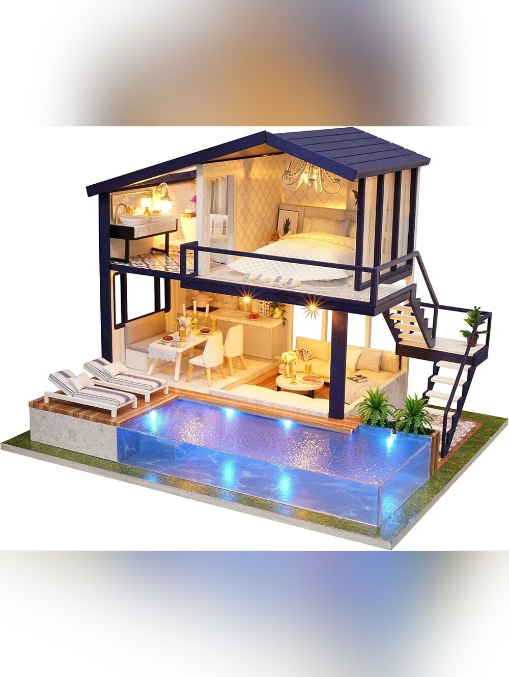 Modern Blue & White Dollhouse with Lighted Pool - Picture 9 of 16